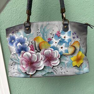 Anuschka Purse Leather Shoulder Bag Large Satchel Grey and Colorful Florals